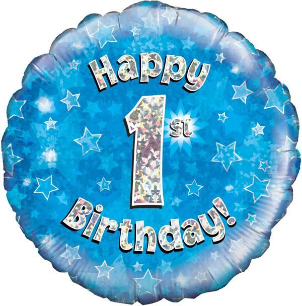 18" Happy 1st Birthday Blue Holographic Foil
