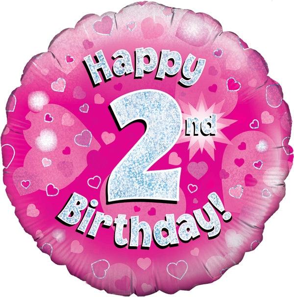 18" Happy 2nd Birthday Pink Holographic Foil