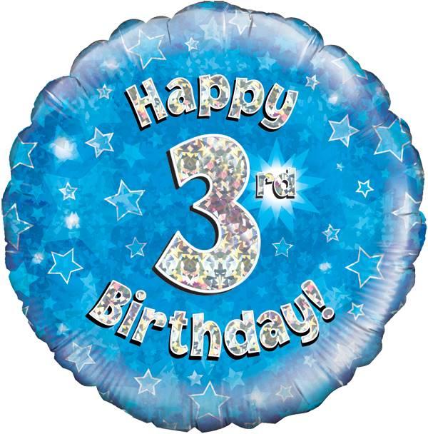 18" Happy 3rd Birthday Blue Holographic Foil