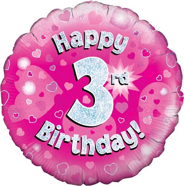 18" Happy 3rd Birthday Pink Holographic Foil
