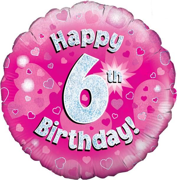 18" Happy 6th Birthday Pink Holographic Foil