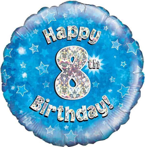 18" Happy 8th Birthday Blue Holographic Foil