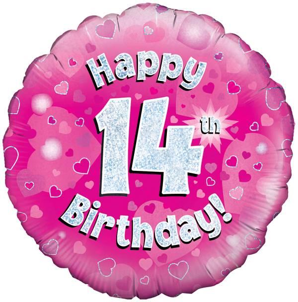18" Happy 14th Birthday Pink Holographic Foil