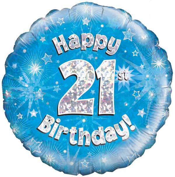 18" Happy 21st Birthday Blue Holographic Foil