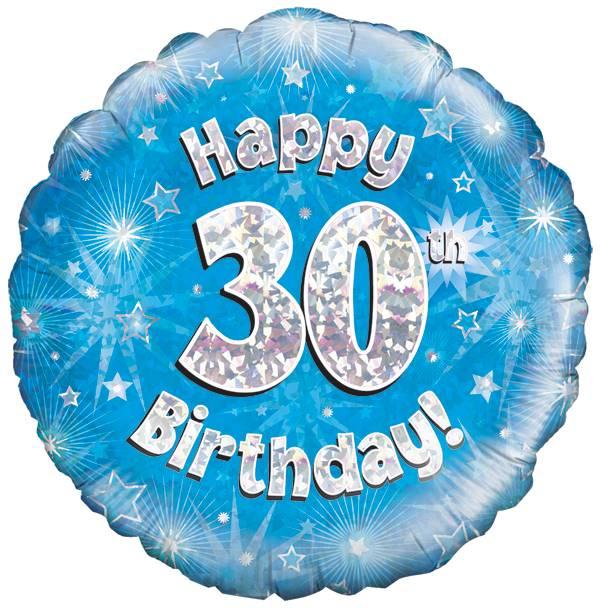 18" Happy 30th Birthday Blue Holographic Foil