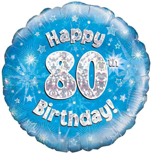 18" Happy 80th Birthday Blue Holographic Foil
