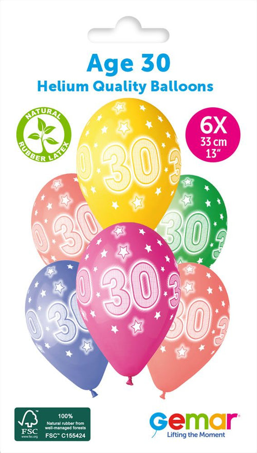 13" Gemar Retail Latex Age 30 #869 (6 Balloons Per Pack)