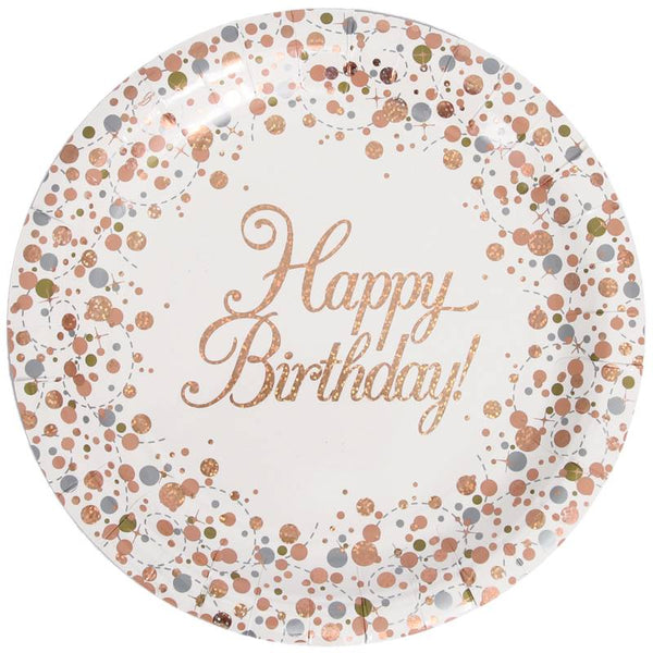 Plates Happy Birthday Sparkling Fizz Rose Gold 9" 23cm (8 Plates Per Pack)