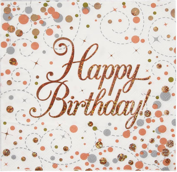 Napkins: Happy Birthday Sparkling Fizz Rose Gold 33cm X 33cm 3-Ply (16 Per Pack)