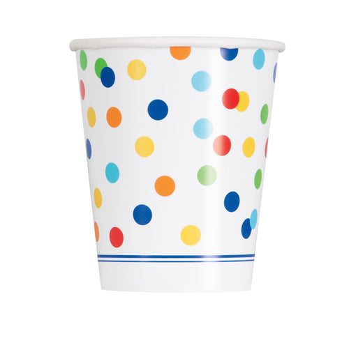 Cups: 9oz Rainbow Polka Dots Paper Cups (8 Per Pack)